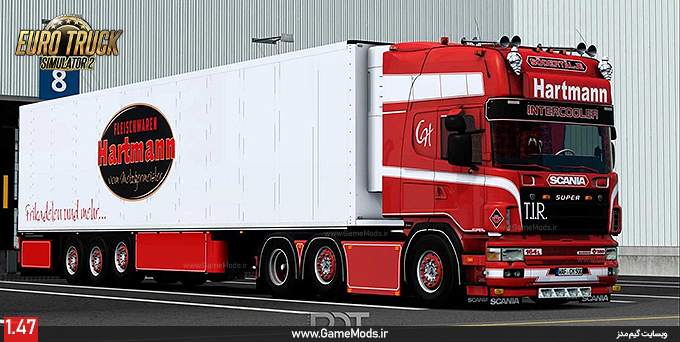 کامیون اسکانیا سری 4 164L 580 + تریلر Hartmann برای بازی Euro Truck Simulator 2 ورژن 1.47
