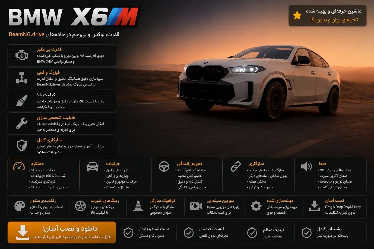 دانلود مود BMW X6M برای BeamNG.drive 0.39؛ شاسی‌بلند اسپرت و قدرتمند BMW